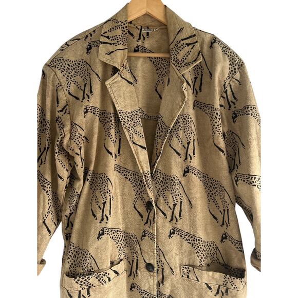 Vintage Medium Cotton Made in India Giraffe Block Print Canvas Blazer Jacket - Picture 2 of 7